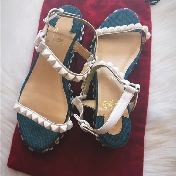 Christian Louboutin Blue Cataclou Embroidery Denim Studded Espadrille Sandals 38 - Picture 3 of 13